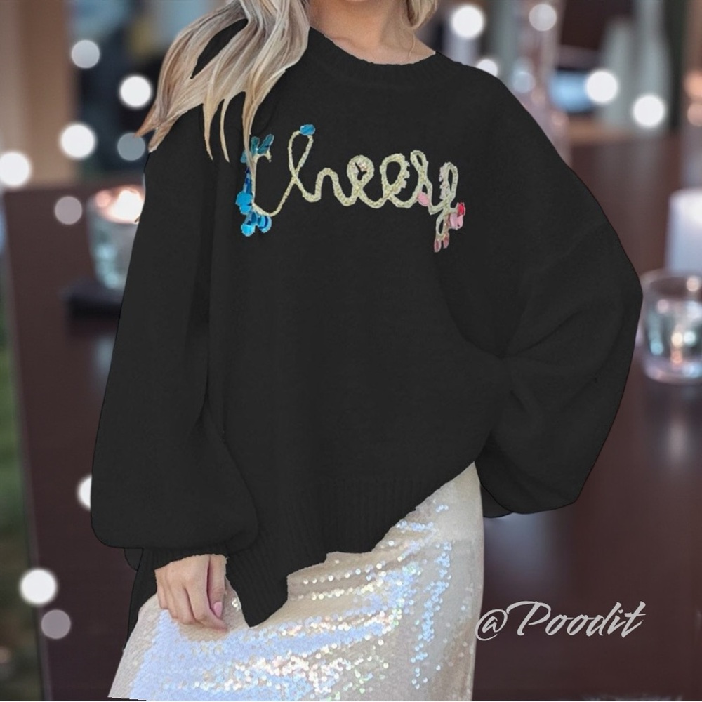 AND THE WHY oversized “CHEERS” black holiday sweater S/M M/L combo size - Picture 4 of 11